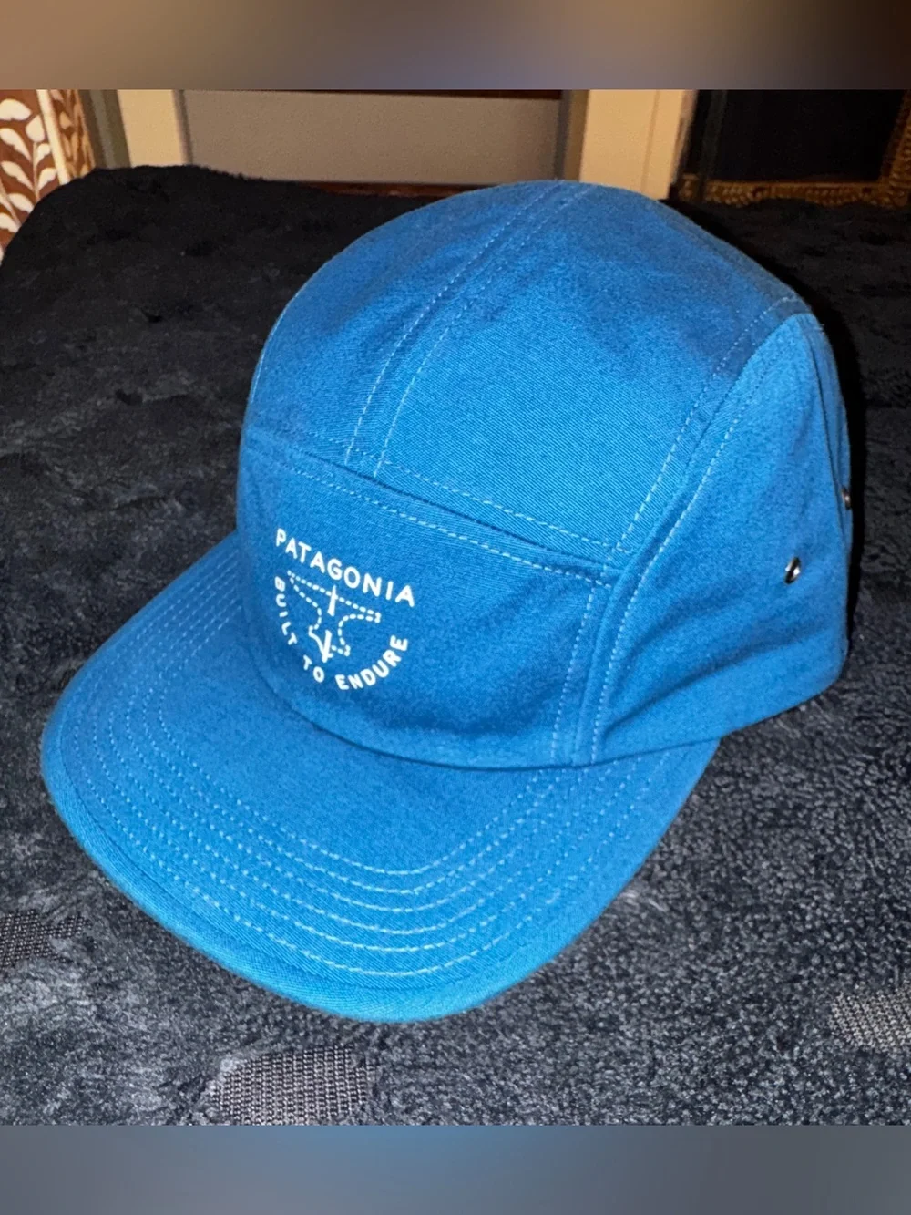 Patagonia 🌊 Graphic Maclure Hat Cap Strapback 5 Panel “Built To Endure” Blue